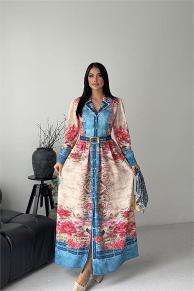 Dipmoda Γυναικείο φόρεμα με μπλε κουμπιά και λεπτομερή σχέδια, ολόσωμο με ζών...