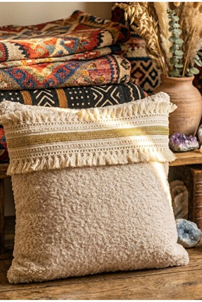 oiphome Κάλυμμα μαξιλαριού Bohemian teddy χρυσό με στήλη, φυσικό πλούσιο 43x43