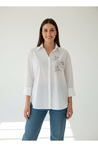 vellum butik ÇİÇEK DESEN TAŞLI POPLİN KADIN GÖMLEK