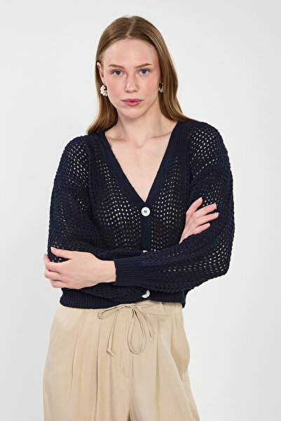 BARRELS AND OIL Γυναικεία ζακέτα με 3 κουμπιά και διάτρητο σχέδιο - Ναυτικό μπλε