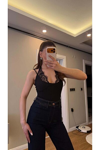 solena sln Γυναικείο Μαύρο Δαντελένιο Κορμάκι με Τιράντες Yala