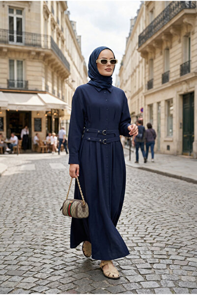 Aselim Hijap Moda Elara Φόρεμα Tencel με Διπλή Ζώνη - Μπλε Σκούρο
