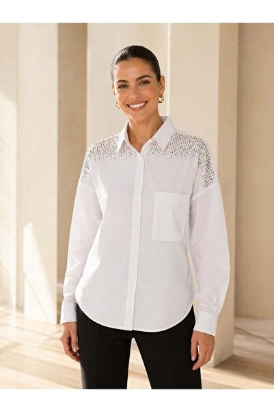 vellum butik OMUZU RENKLİ TAŞLI POPLİN KADIN GÖMLEK