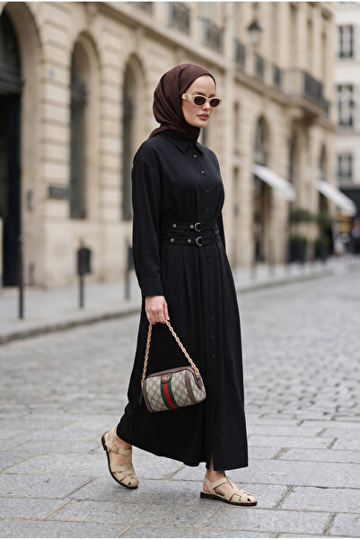 Aselim Hijap Moda فستان إيلارا بحزام مزدوج من التينسل - أسود