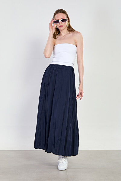 BARRELS AND OIL Women's Elastic Waist Striped Long Skirt - Dark Navy Blue