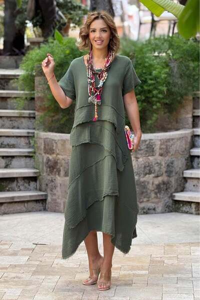 Nevin Kaya Moda Φόρεμα από ύφασμα Khaki Datça Muslin 100% βαμβάκι