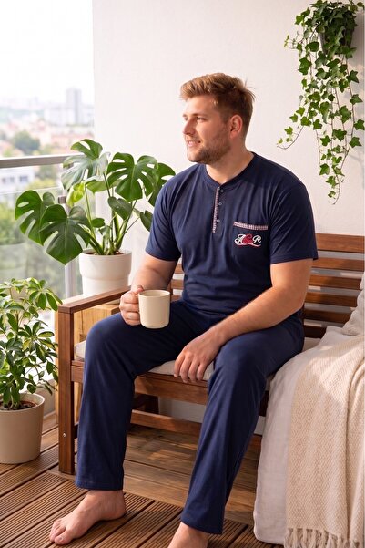 bie's Ανδρικό Σετ Πιτζάμες Μεγάλου Μεγέθους με 3 Κουμπιά, Βαμβακερό Λύκρα, Κο...