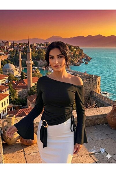 greymoda Μπλούζα με μακριά μανίκια, ασύμμετρο λαιμόκοψη, ντραπέ στο πλάι και ...