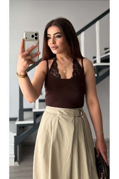 Oslove Αθλητικό Τοπ Καφέ Χρώμα με Δαντέλα και Δέσιμο στο Λαιμό