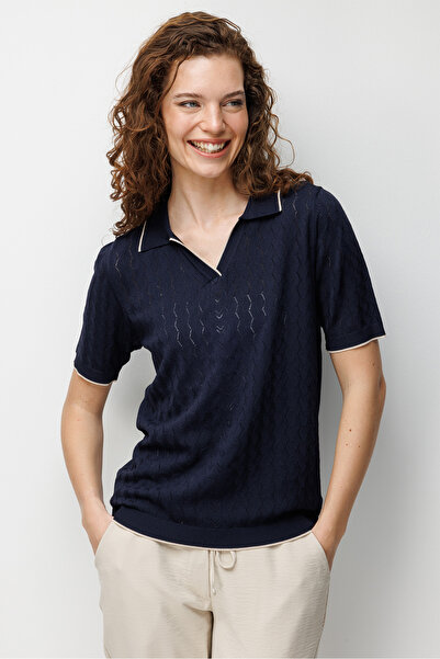 Desen Triko Γυναικεία πλεκτή μπλούζα με λαιμόκοψη πόλο και διάτρητο σχέδιο, λ...