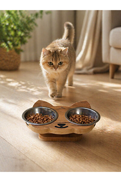 GenelTedarik Ahşap Stantlı Kedi Mama ve Su Kabı | Çift Çelik Kaseli Kedi Mama...