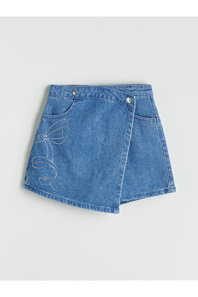 LC Waikiki Fustă-pantaloni scurți din denim pentru fete, împodobită cu pietre