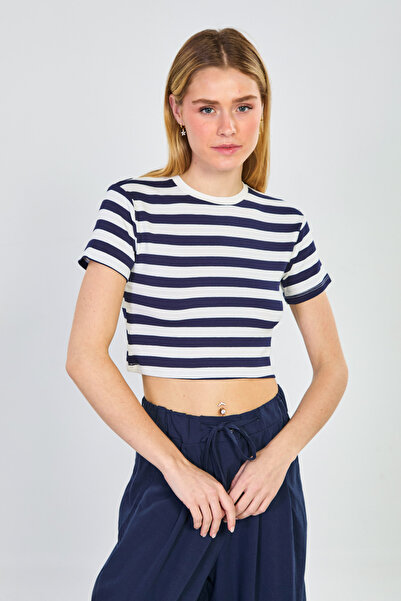 BARRELS AND OIL Γυναικείο ριγέ μπλουζάκι - Εκρού/Μπλε ναυτικό