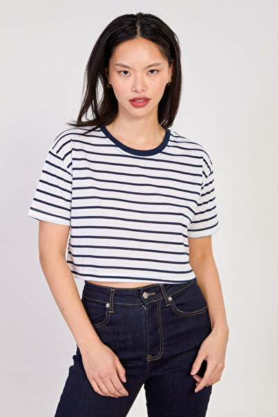 BARRELS AND OIL Γυναικείο T-Shirt με ριγέ λαιμόκοψη - Εκρού/Μπλε ναυτικό