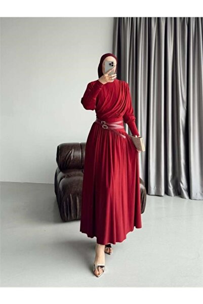 Dipmoda Γυναικείο κόκκινο ντραπέ φόρεμα με λεπτομέρεια από ύφασμα σάντι, prem...