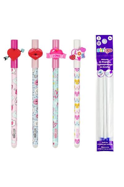 Strigo Set de 4 pixuri și 3 rezerve de cerneală cu ștergere Love