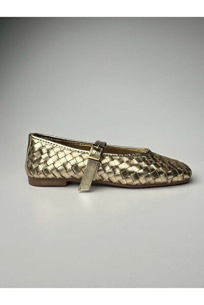 MERVE SARIDEMİR SHOES Gold Renk Örgü Detaylı Babet