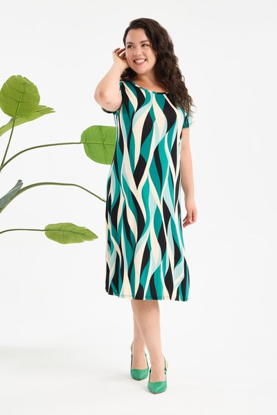 Madwilo Women's Green White Geometric Pattern Large Size Stretchy Midi Dress