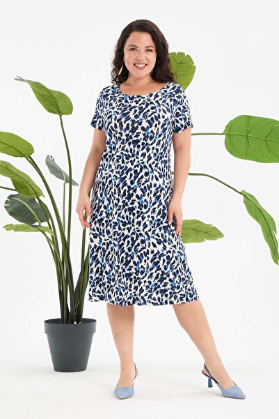 Madwilo Γυναικείο ελαστικό μίντι φόρεμα σε μπλε και λευκό σχέδιο λεοπάρ, μεγά...