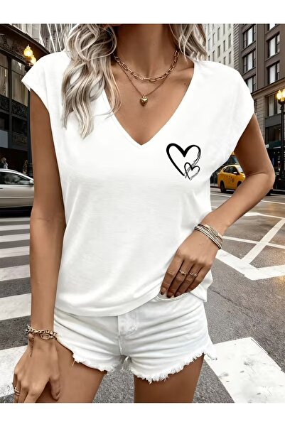 PAVRO Γυναικείο μπλουζάκι με άνετη εφαρμογή, με λαιμόκοψη V και στάμπα διπλής...