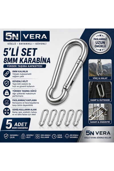 Universal 8mm Çelik Karabina Seti (5 Adet) | Ağır Yük Taşıma, Hamak, Salıncak...