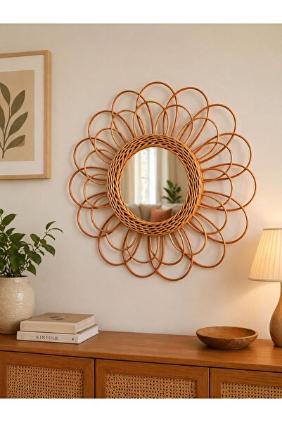 atölye +1 Doğal Rattan Çiçek Formlu Dekoratif Duvar Aynası
