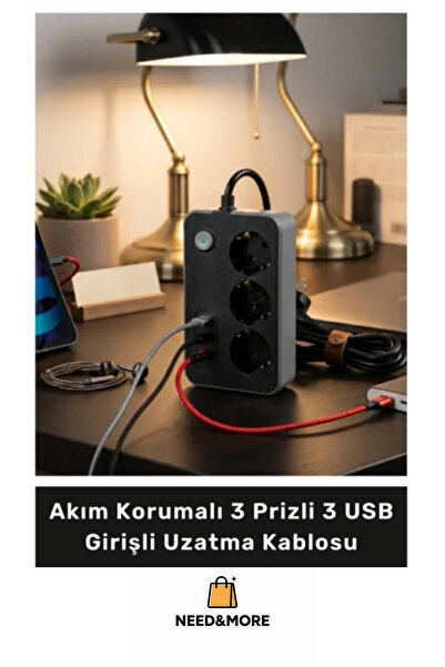 NEED&MORE #Yeni Nesil 3’lü Akım Korumalı Priz – 3 USB Akıllı Şarj, Isıya Daya...