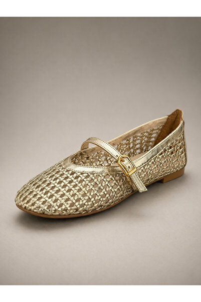 Madamra Gold Shoes Knitted Ballerina Shoes Straw Look Summer Beach Shoes Lightweight Casual Hand Knitted Ballerina Shoes