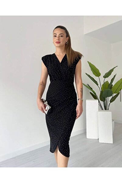 heree Women's Stoned Polka Dot Double Breasted V-Neck Midi Pencil Dress Styli...