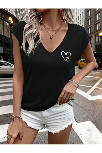 PAVRO Γυναικείο μπλουζάκι με άνετη εφαρμογή, με λαιμόκοψη V και στάμπα διπλής...