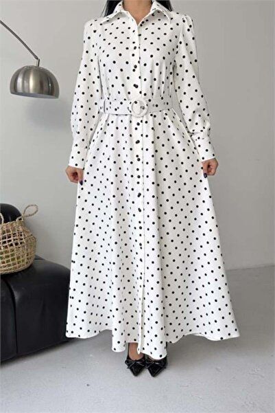 Dipmoda Γυναικείο λευκό πουκάμισο με λεπτομέρεια ζώνης στο γιακά, πουά, σε όλ...