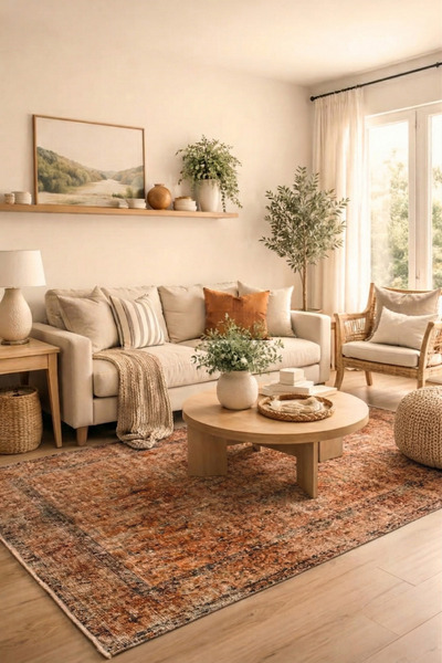Turuncu El Dokuması Vintage Salon Halısı - Eskitme Organik Yün Pamuk Türk Halısı - 152x221 cm