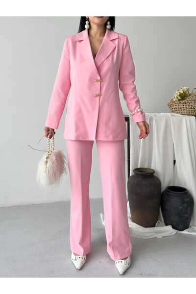 Moda İkra Σετ μπλέιζερ με φαρδύ παντελόνι με χρυσά κουμπιά