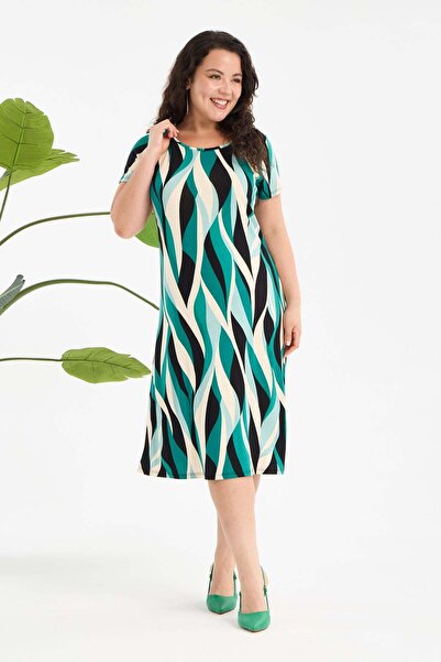 Madwilo Γυναικείο Πράσινο και Λευκό Φόρεμα με Γεωμετρικό Σχέδιο Μεγάλου Μεγέθ...