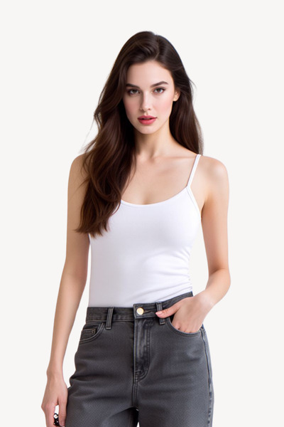 Pearlune Women's White Cotton & Modal Thin Strap Standard Length Tank Top - S...
