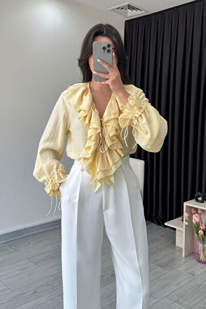 solena sln Γυναικείο πουκάμισο με κίτρινο σχέδιο βολάν