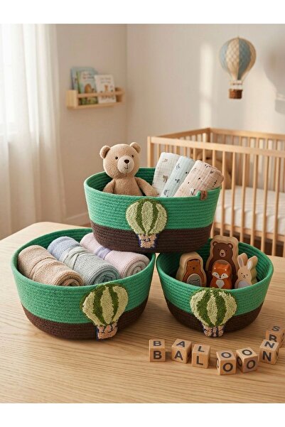 MOTTOMOR Multi-Purpose Decorative Green-Brown Balloon Baskets 3-Piece Towel O...