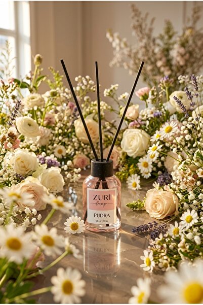 ZURİ DESİGN Pudra Oda Kokusu Cam Şişe 3 Siyah Bambu Çubuklu Dekoratif Koku 50 ml