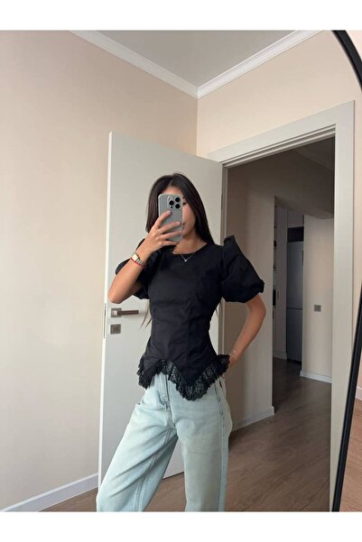 FLOWERİNG Γυναικεία μαύρη μπλούζα με δαντέλα στο τελείωμα και δέσιμο στην πλάτη