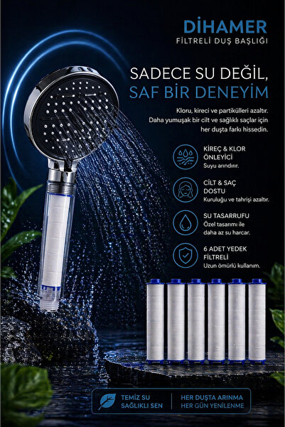 Dihamer Filtreli Duş Başlığı 6 Fonksiyonlu | Kireç & Klor Önleyici | Yüksek Basınçlı | 6 Adet Yedek Filtreli