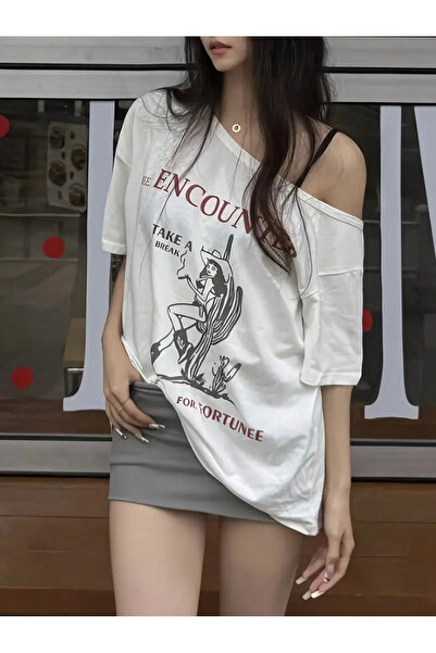 Keywest Γυναικείο μπλουζάκι με λαιμόκοψη καγιάκ, με στάμπα, oversized, 100% β...