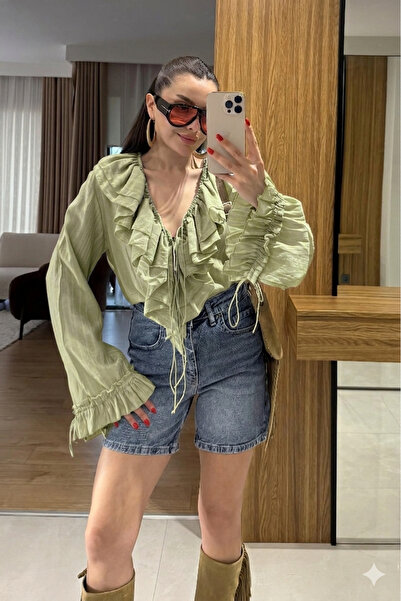 solena sln Γυναικείο πουκάμισο με πράσινο σχέδιο βολάν