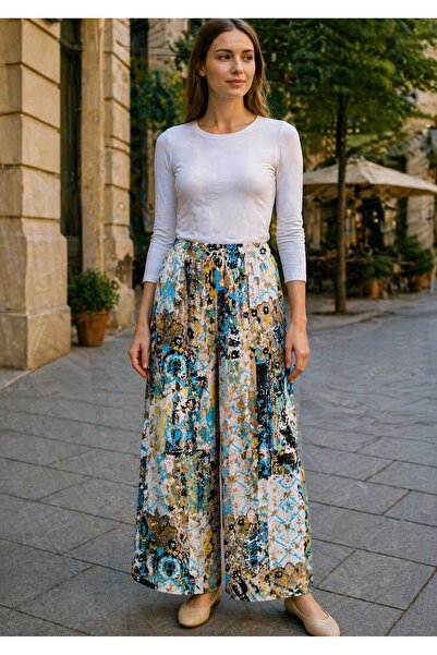 ECK MODA Γυναικείο παντελόνι από ύφασμα βισκόζης με ψηφιακή στάμπα με φούστα