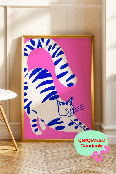 ArtDropsco Kedi Tablo Poster Mavi Çizgili Modern Sanat Duvar Dekoru Çerçevesiz