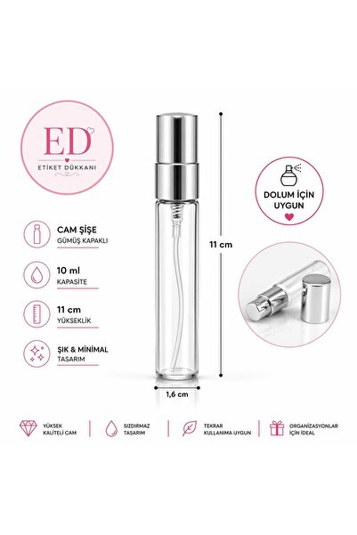 ETİKETİM Cam Kolonya ve Parfüm Şişesi 10 ml Gümüş Kapak 10 Adet