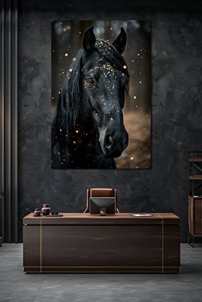 Mythog Siyah At Baskılı Cam Tablo – Gold Detaylı Dekoratif At Portresi Duvar ...