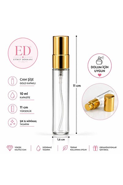 ETİKETİM Cam Kolonya ve Parfüm Şişesi 10 ml Gold Kapak 10 Adet