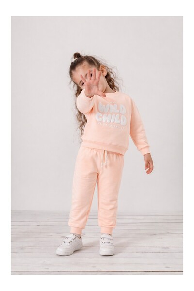 Jikko Baby Wild Child Baskılı Şeftali Renk Kız Çocuk Eşofman Takımı 1001