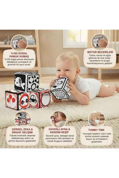FISHER PRICE 0-12 Ay Tummy Time Yumuşak Bebek Zeka Küpleri Aynalı Set Eğitici Duyusal Oyuncak Montessori Siyah