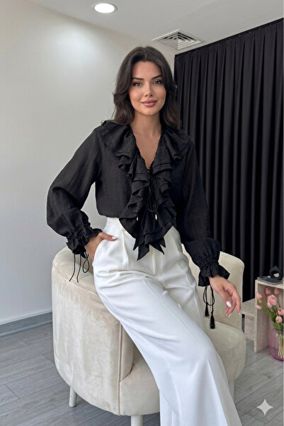 solena sln Γυναικείο πουκάμισο με μαύρο βολάν σχέδιο